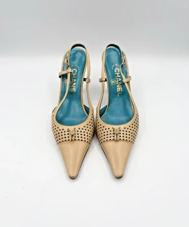 Chanel Beige Leather Perforated Slingback Heels w/ CC Charm Accent