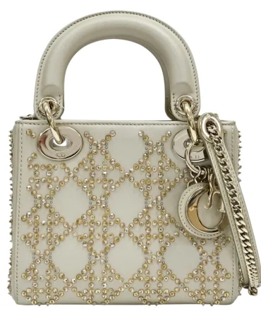 Dior Mini Lady Dior Shoulder Handbag Beige Beaded Cannage Lambskin Leather