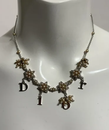 Share Vtg Christian Dior by John Galliano Pearl Star Logo Necklace